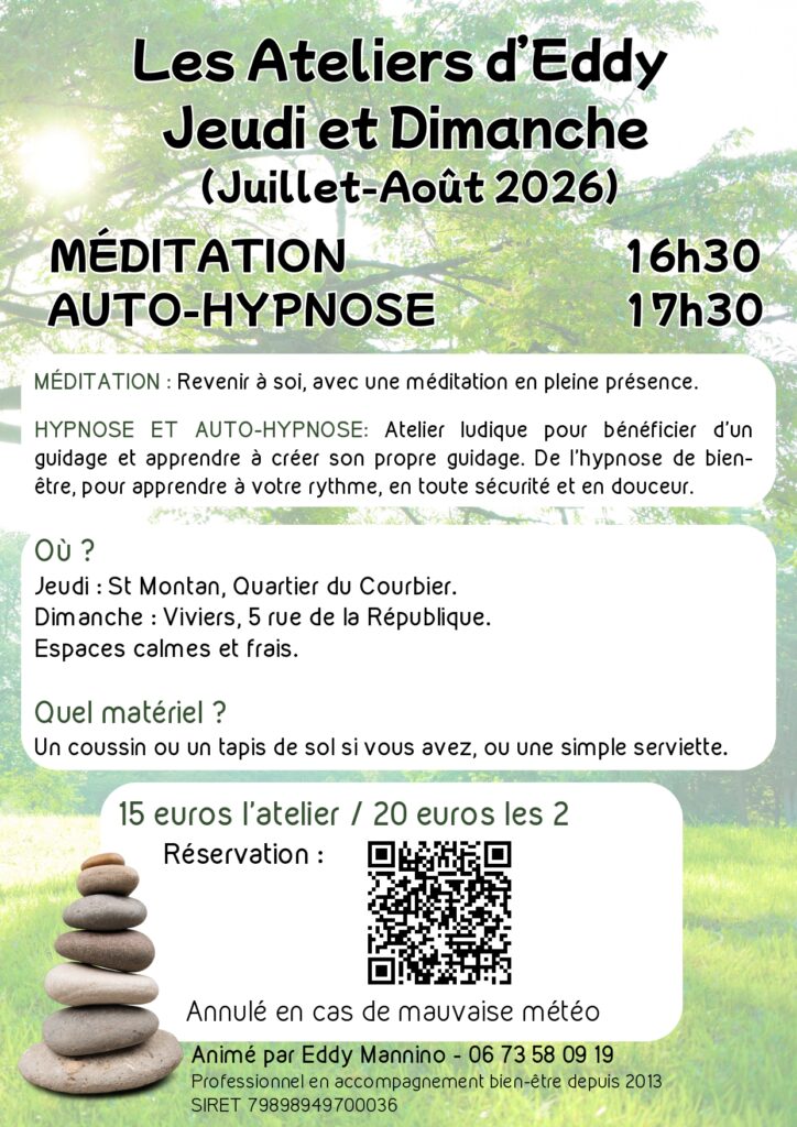 Tout l'été, méditations et auto-hypnose en Sud Ardèche. 2 lieux, au frais vous accueillent pour ds moments de ressourcement sans pression, paisiblement et sans trop se prendre au sérieux: méditer c'est avanat tout être là le plus simplement du monde, sans chercher autre chose que s'accueillir.